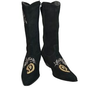 Bijou Womens Black Suede Embroidered Western Boots Paisley Gold Silver 8M Boho